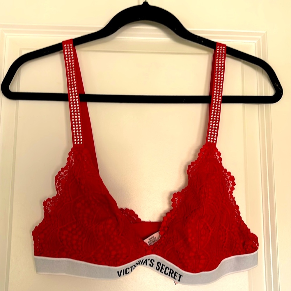 Victorias Secret red lace bralette with crystal straps
